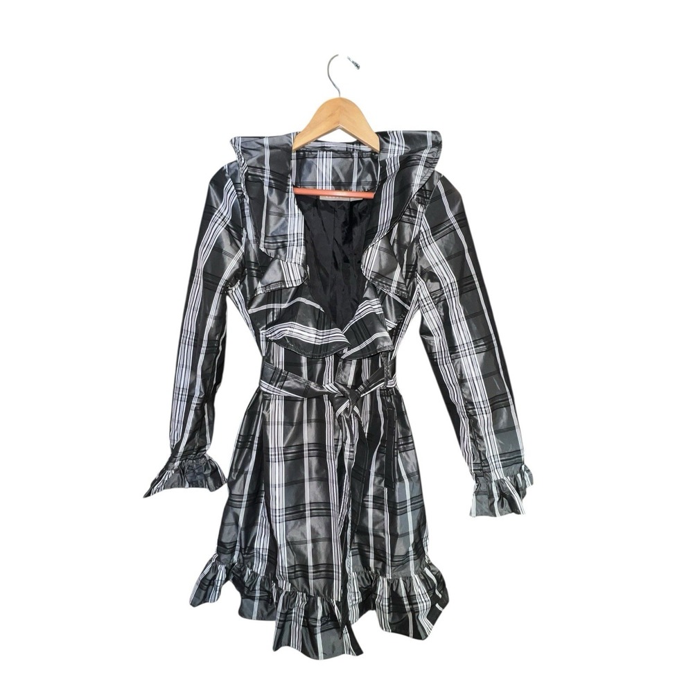 Kenar Black White Plaid Shiny Ruffle Belted Trench Coat Dress S